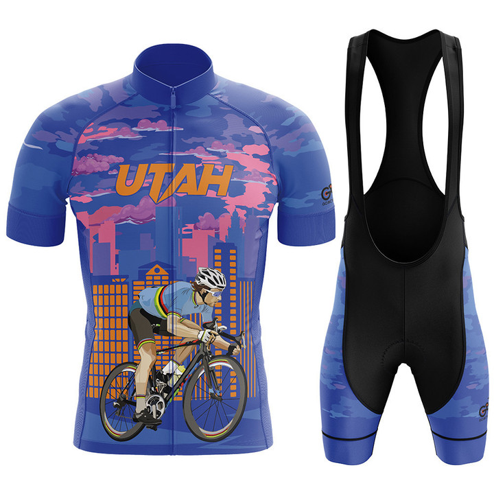 Premium Men's Cycling Jersey Cyclist In Utah With Purple Blue Background