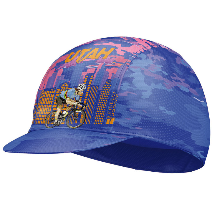 Cycling Cap For Men And Women Cyclist In Utah With Purple Blue Background