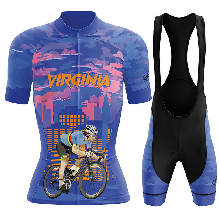 Premium Women's Cycling Jersey Cyclist In Virginia With Purple Blue Background
