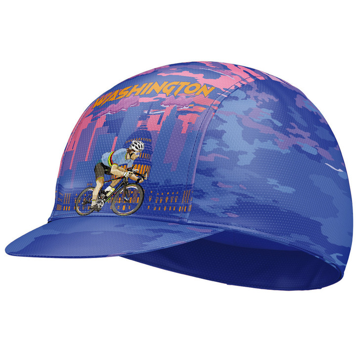 Cycling Cap For Men And Women Cyclist In Washington With Purple Blue Background
