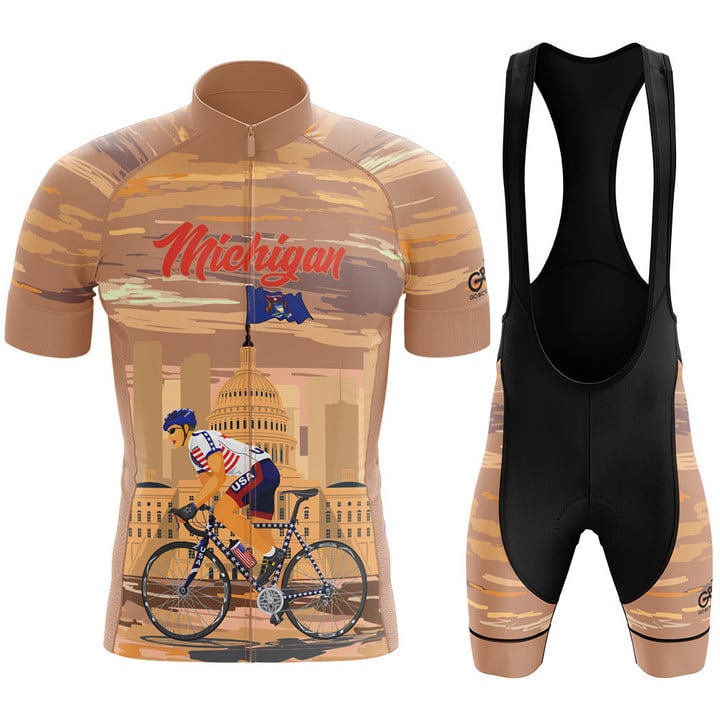 Premium Men's Cycling Jersey Michigan Cyclist With Brown And Yellow Background