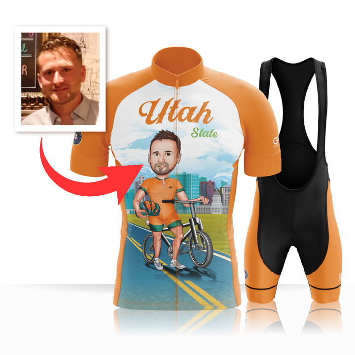 Custom Face - Premium Men's Cycling Jersey Utah State With Orange Background