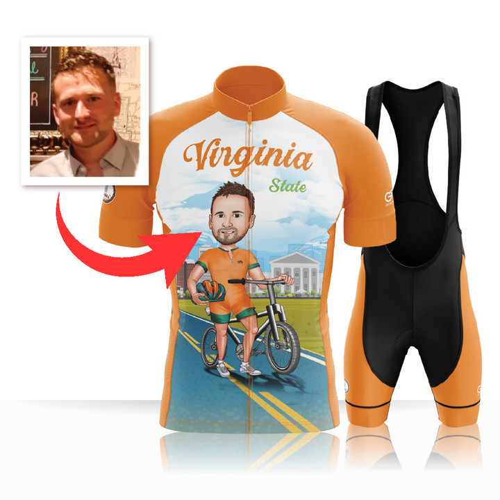 Custom Face - Premium Men's Cycling Jersey Virginia State With Orange Background