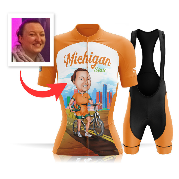 Custom Face - Premium Women's Cycling Jersey Michigan State With Orange Background