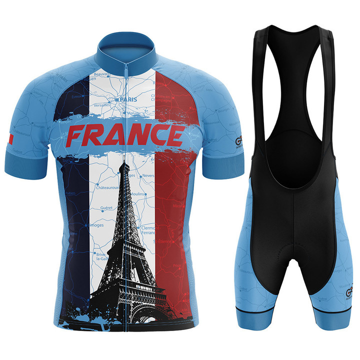 Premium Men's Cycling Jersey Eiffel Tower In France With Light Blue Background