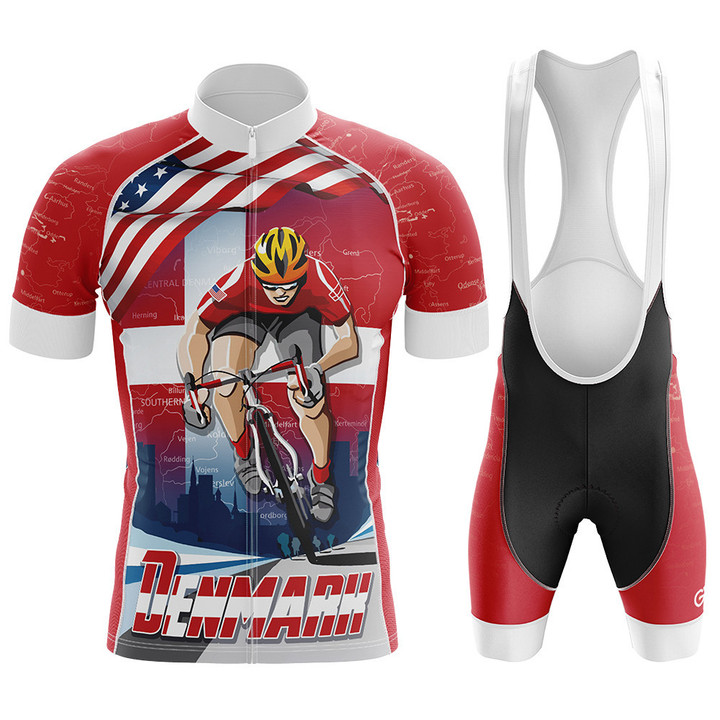 Cycling In Denmark Premium Men's Cycling Jersey With Red And White Background