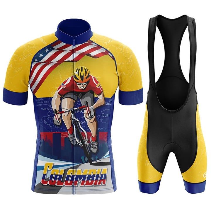 Cyclist In Columbia Premium Men's Cycling Jersey With Yellow And Blue Background