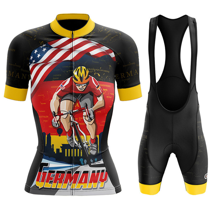 Cyclist In Germany Premium Women's Cycling Jersey With Black And Yellow Background