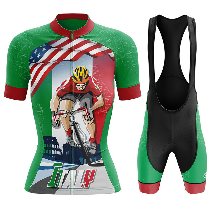 Cyclist In Italy Premium Women's Cycling Jersey With Green And Red Background