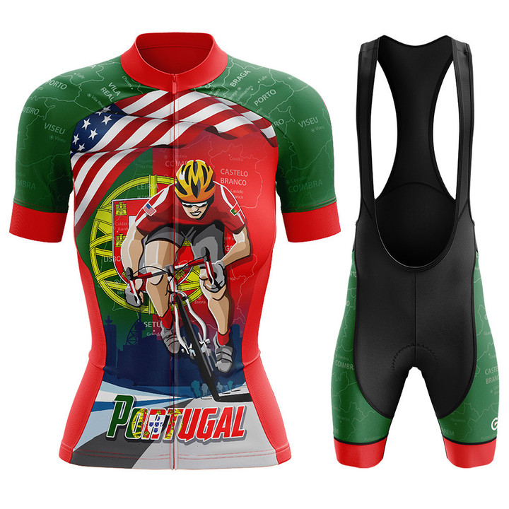 Cyclist In Portugal Premium Women's Cycling Jersey In Green And Red Color
