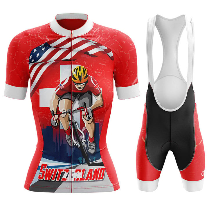 Cyclist In Switzerland Premium Women's Cycling Jersey With American Flag Pattern On Red Color