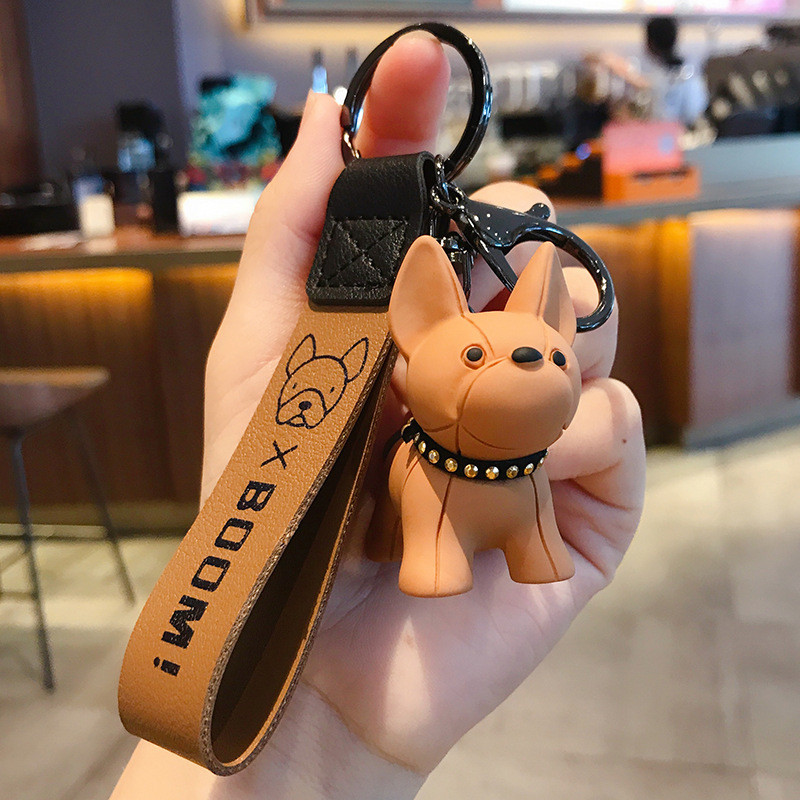 Fashion Punk French Bulldog Keychains PU Leather Dog Keychain For