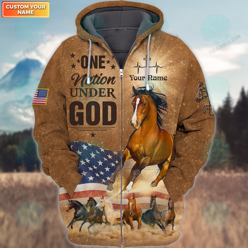 Personalized Horse Jesus One Nation Under God 3D All Over Printed Hoodie T Shirt