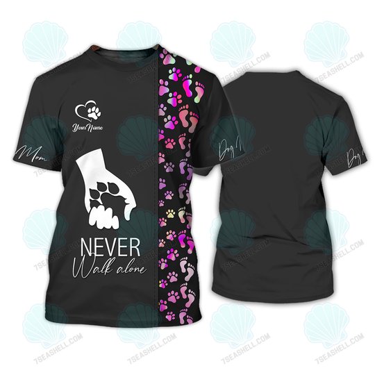 Dog Lovers Tshirt Custom Paw Dog Pattern Shirt Dog Mom Clothing Never Walk Alone Black Pink
