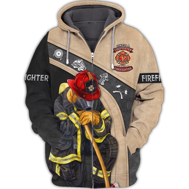 Firefighter Shirts Once A Firefighter Always A Firefighter Zipper Hoodie Tshirt Black & Cream