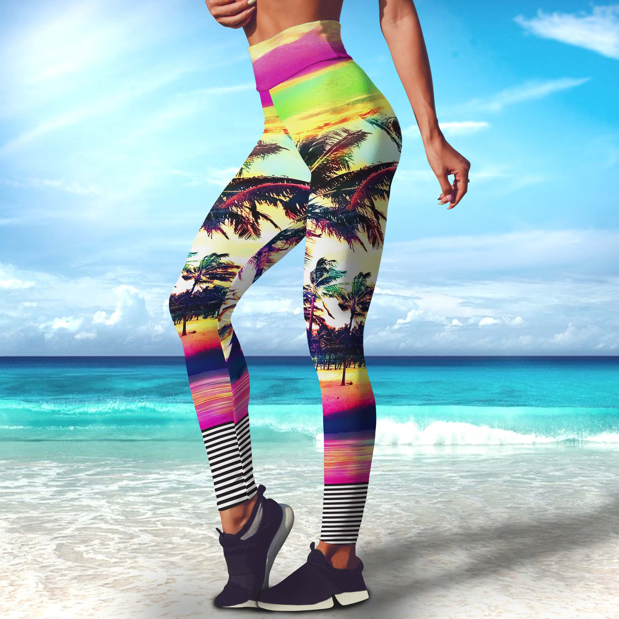 Tropical Coconut Tree Beach Surf Leggings Sunset Scenery High Wasted Surfing Workout Gym Pants Gift For Mom Wife