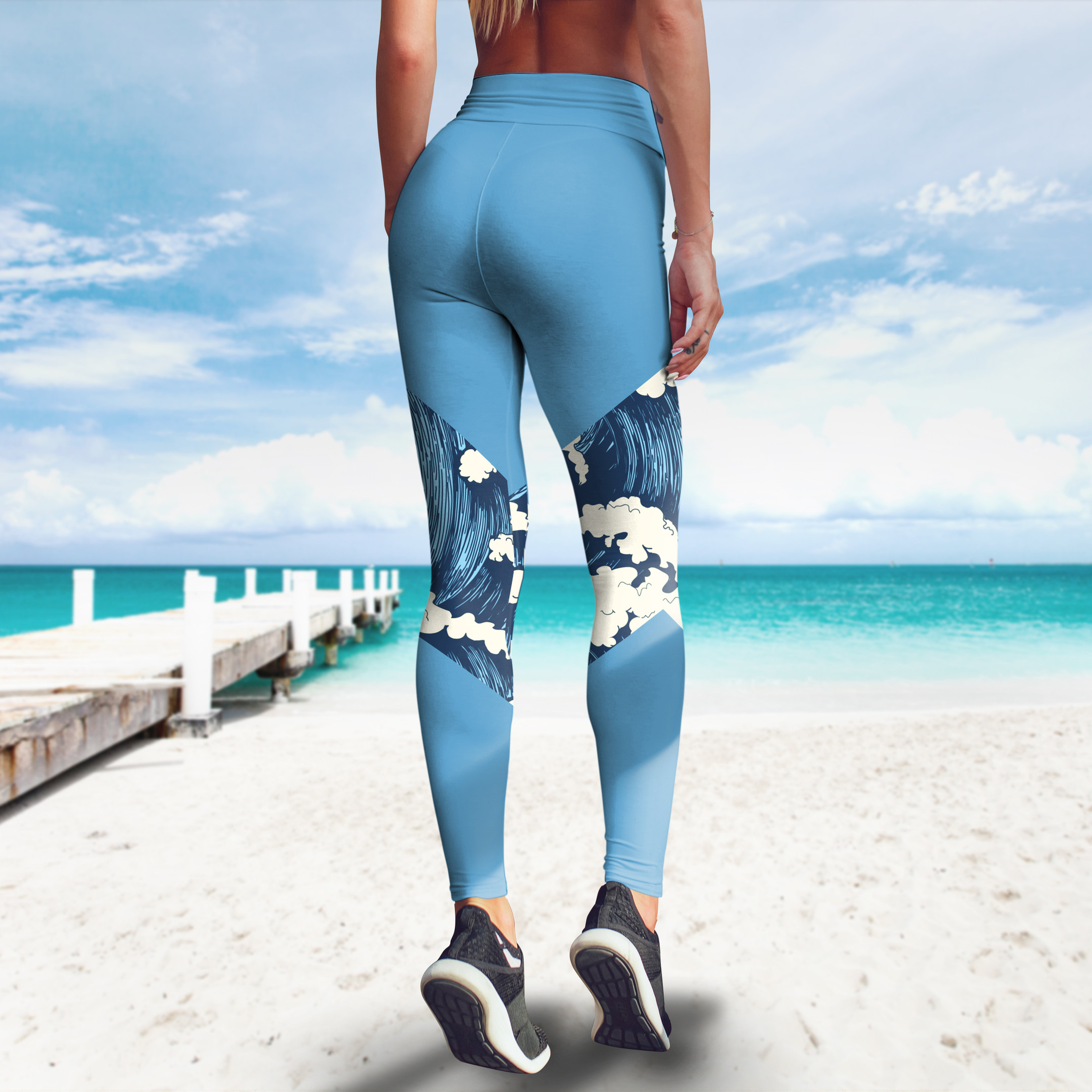 Waves Cartoon Pattern Surf Leggings High Wasted Surfing Workout Gym Pants Gift For Mom Wife