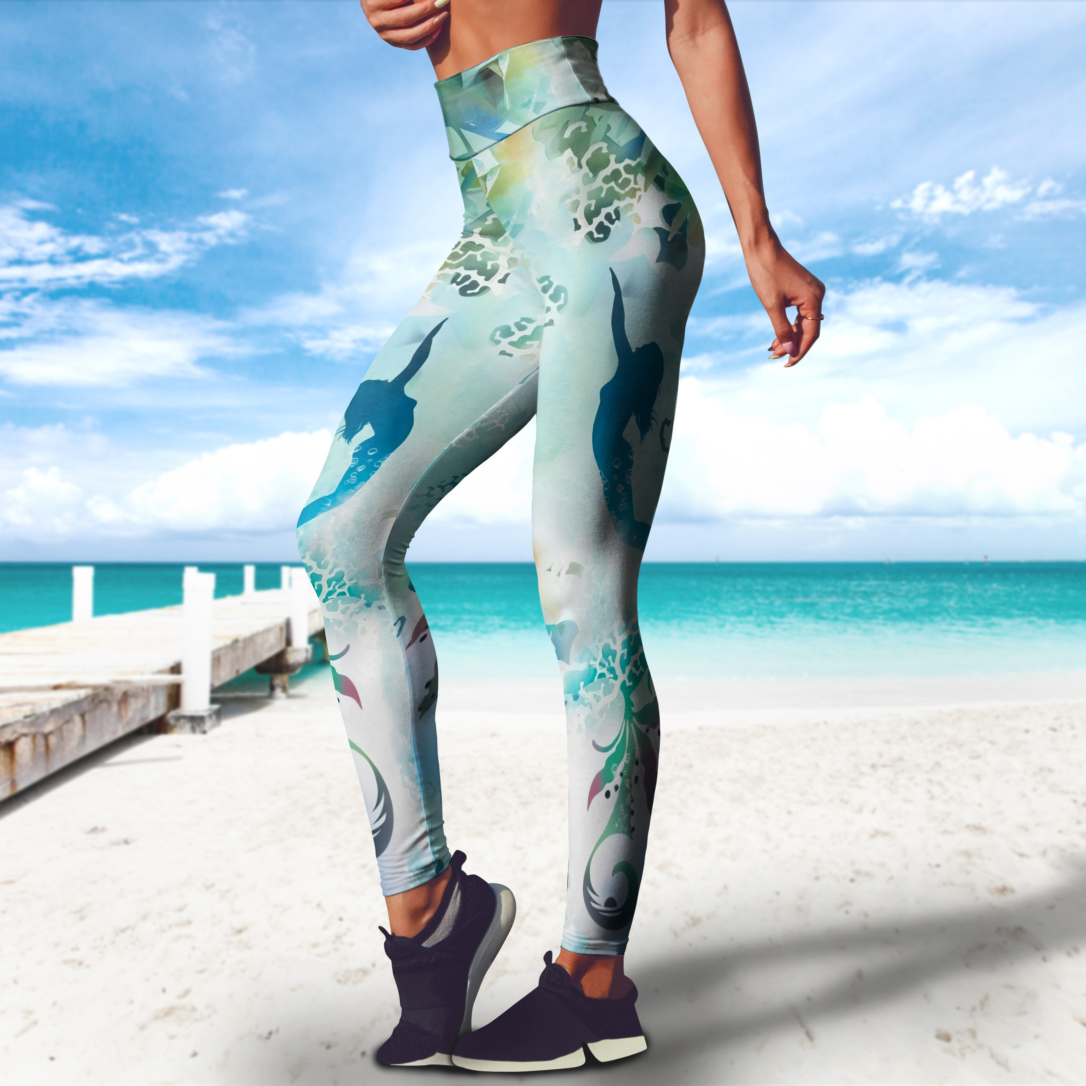Mermaid Watercolor Pattern Surf Leggings High Wasted Surfing Workout Gym Pants Gift For Mom Wife