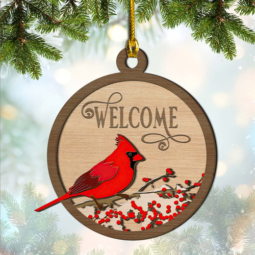 Cardinal Round Welcome Ornament, Cardinal Bird Ornament, Christmas Ornament