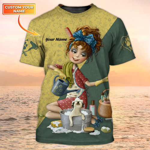 Pet Groomer T Shirt, Pets Grooming Uniform, Pet Salon Personalized Name 3D Tshirt