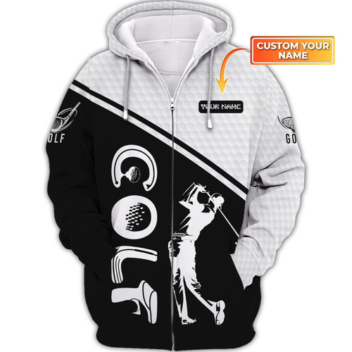 Golf Personalized Name 3D Zipper Hoodie Gift For Golfers Black & White