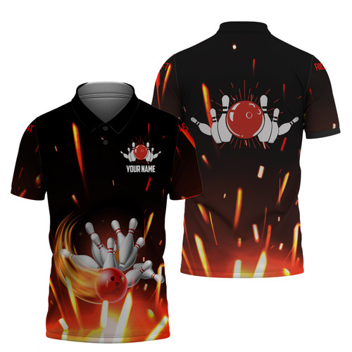 Personalized Men Bowling Polo Shirt Flame Bowling Ball and Pins Short Sleeve Polo for Men Bowlers 3D Hoodie Tshirt
