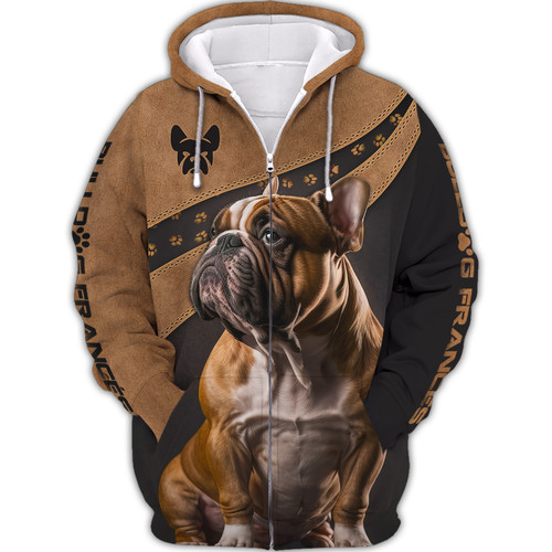 Bulldog Francés Shirts Brown Leather Paw Pattern 3D Full Print Hoodie T Shirt