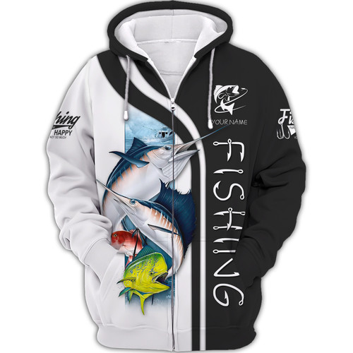 Fishing Custom Shirt Fisher 3D Zipper Hoodie Fishing Make Me Happy Black & White