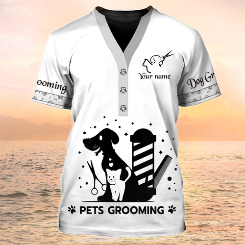 Pet Groomer Shirt Pets Grooming Uniform White Pet Salon Personalized Name 3D Tshirt [Non Workwear]