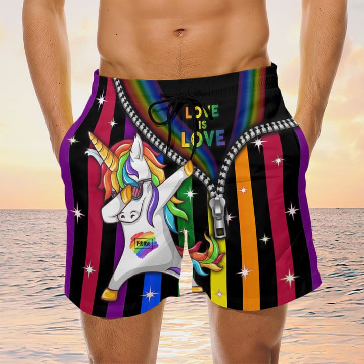 Lgbt Unicorn Pride Love Is Love Swim Trunks, Gay Beach Shorts, Men's Swim Shorts