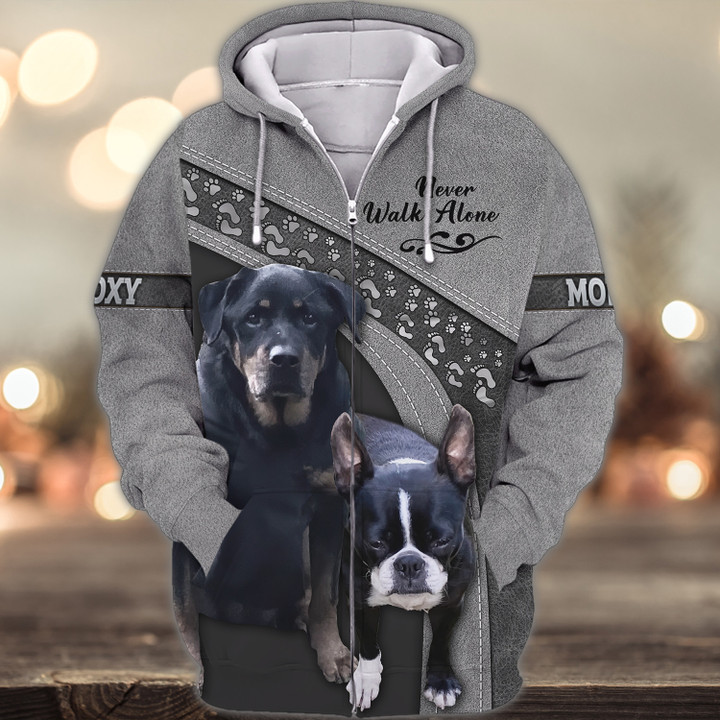 Boston Terrier And Rottweiler Couple Love Never Walk Alone 3D Full Print Shirts 1181