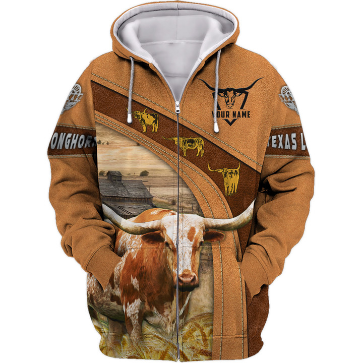Personalized Name Farm Texas Longhorn Cattle Hoodie, 3D Zipper Hoodie,...
