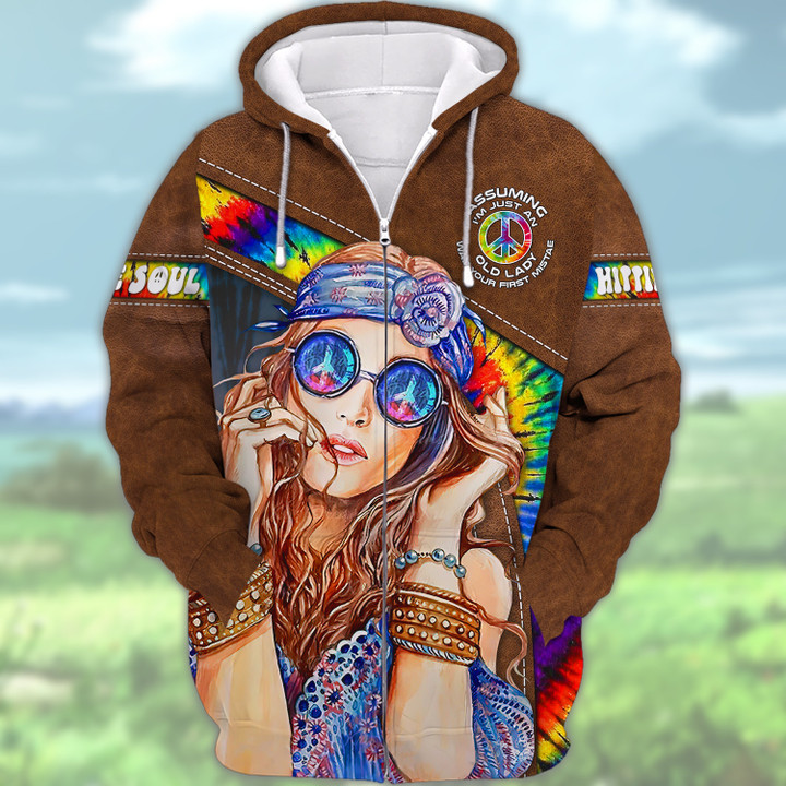 Hippie Shirts Hippie Soul 3D Full Print Zipper Hoodie Tshirt Assuming I'm Just An Old Lady Was Your First Mistake