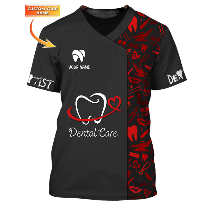 Dental Tools Pattern Tee Shirt Dental Care Uniform Custom Dentist Tshirt Black & Red