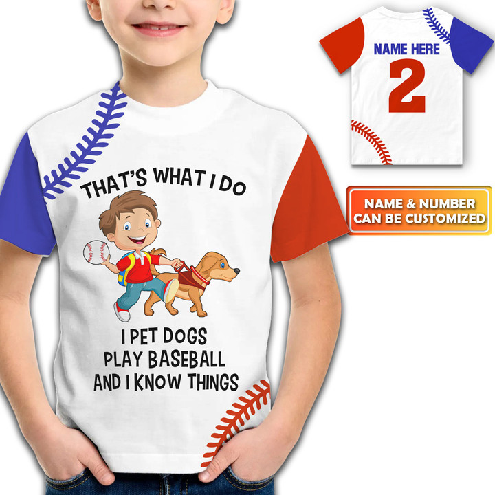 I Pet Dogs I Play Baseball, Personalized Name 3D Kid T-Shirt