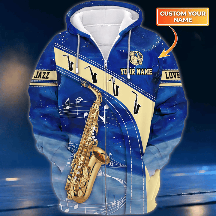 Saxophone Z123 Personalized Name 3D Zipper Hoodie
