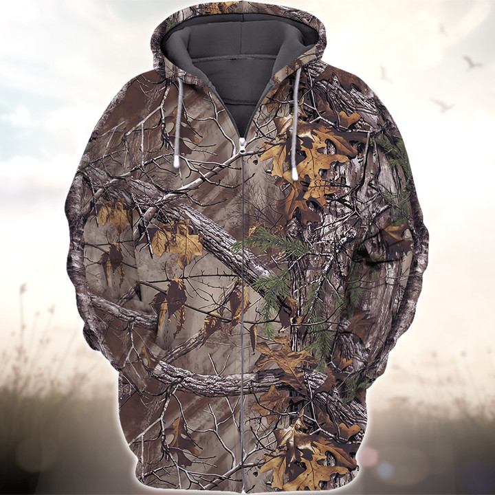 3D Hunting Camouflage Long Sleeve Zip Up Hoodie Hunt Real Tree Camo Pattern Zippered Hooded Sweatshirt Gift For Hunters Men Women