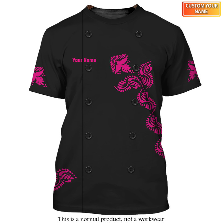 Chef T-Shirt Floral Motifs Fashion Uniform T-shirt Dark Pink (Non Workwear)