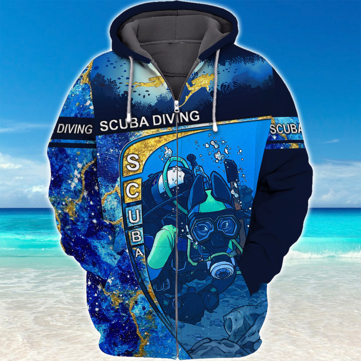 3D Scuba Diving Full-Zip Hoodie Sport Water Divers Zippered Hooded Sweatshirt Gift For Ocean Lovers Explorer