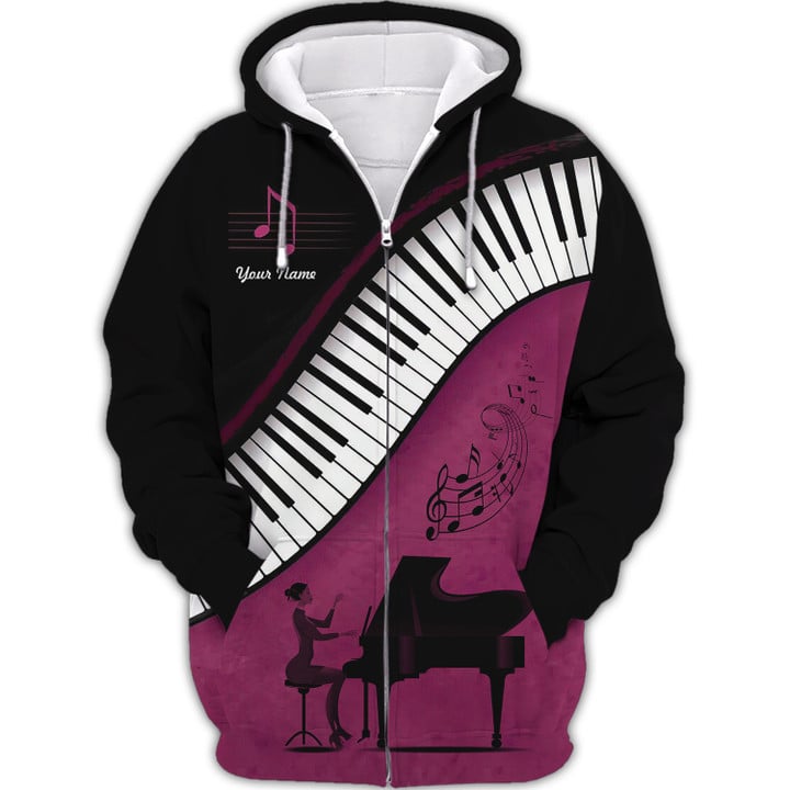 Piano Custom Shirt Pianist 3D Zipper Hoodie Black Pink Gift For Women