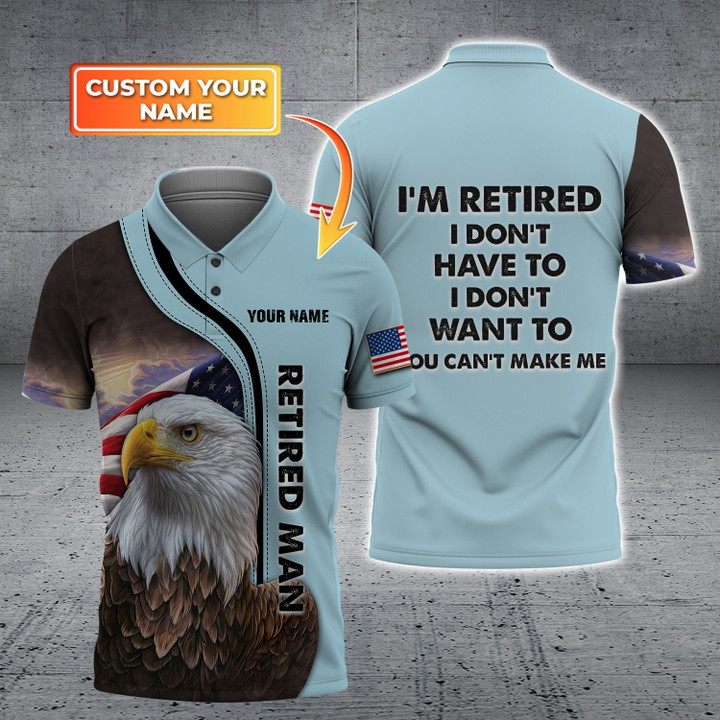 Retired Man Personalized Name 3D Polo Light Blue Shirt
