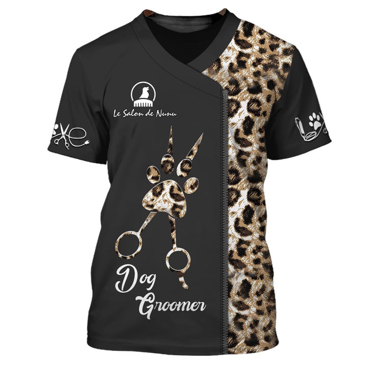 Leopard Pattern Dog Groomer Pesonalized T-Shirt Grooming Uniform Tee Shirt [Non Workwear]