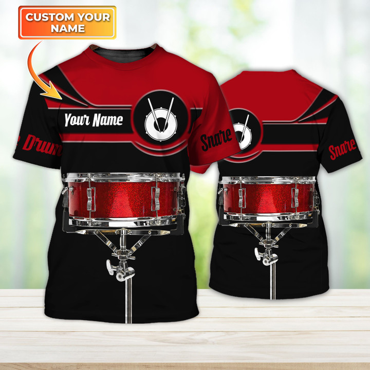 Snare Drum Design Red Black Custom Name 3D Shirts