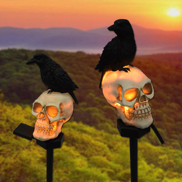 Halloween Outdoor Raven Solar Garden Light Skull