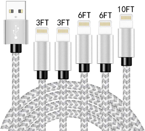 5 pack certified lightning cables 3/3/6/6/10FT nylon braided fast charging - IPHONE COMPATIBLE