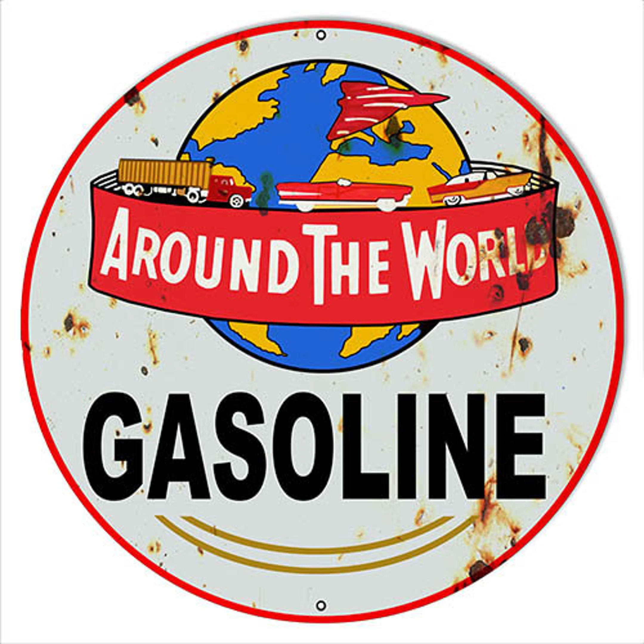 Around The World Gasoline 4 Sizes Aged OR New Style 22 gauge Steel Metal Sign Vintage Style Retro Garage Art RG