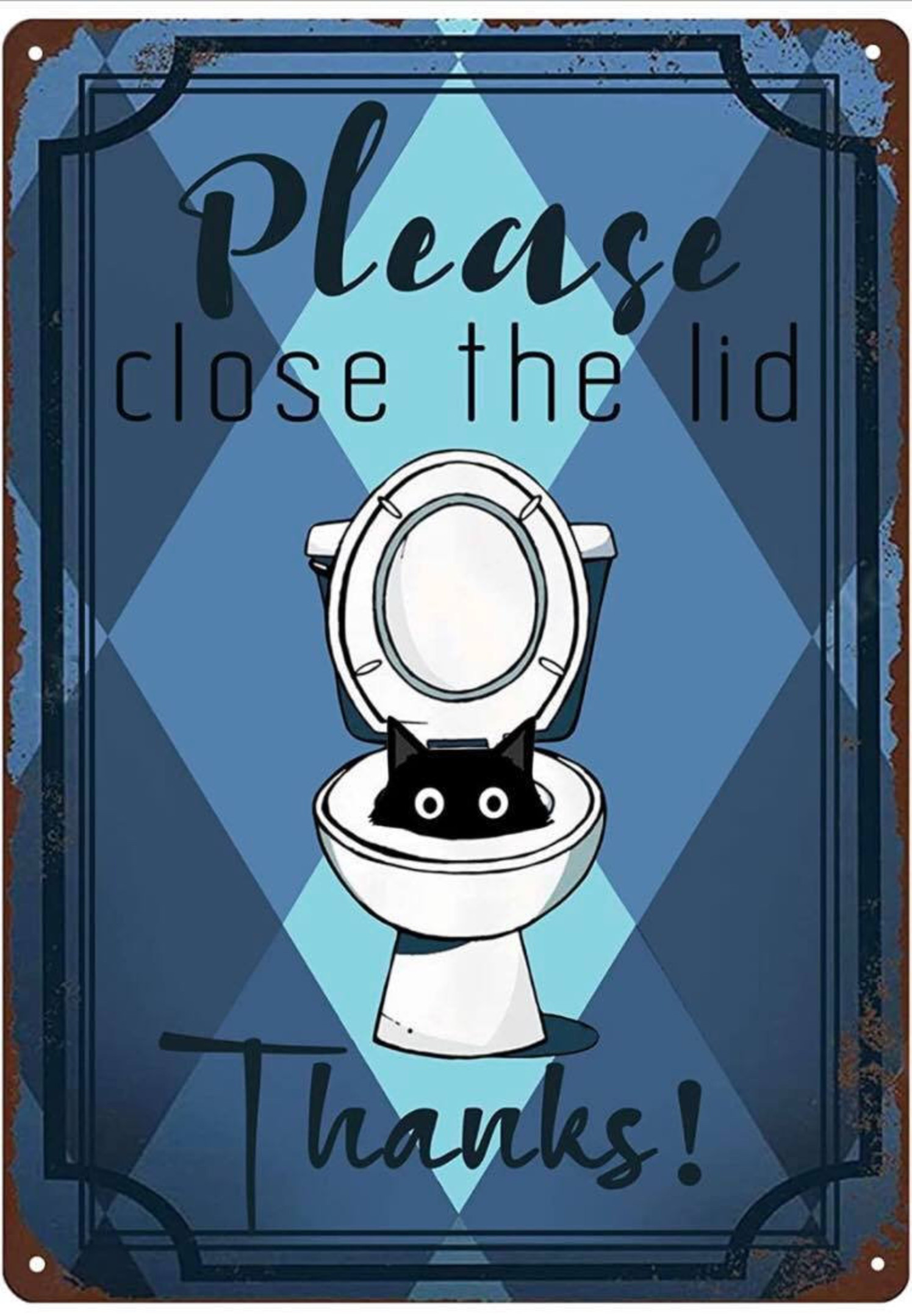 Retro Tin Sign | Please Close The Lid Thanks! Metal Poster | Black Cat Vintage Toilet Restroom Art Wall Metal Sign  inches