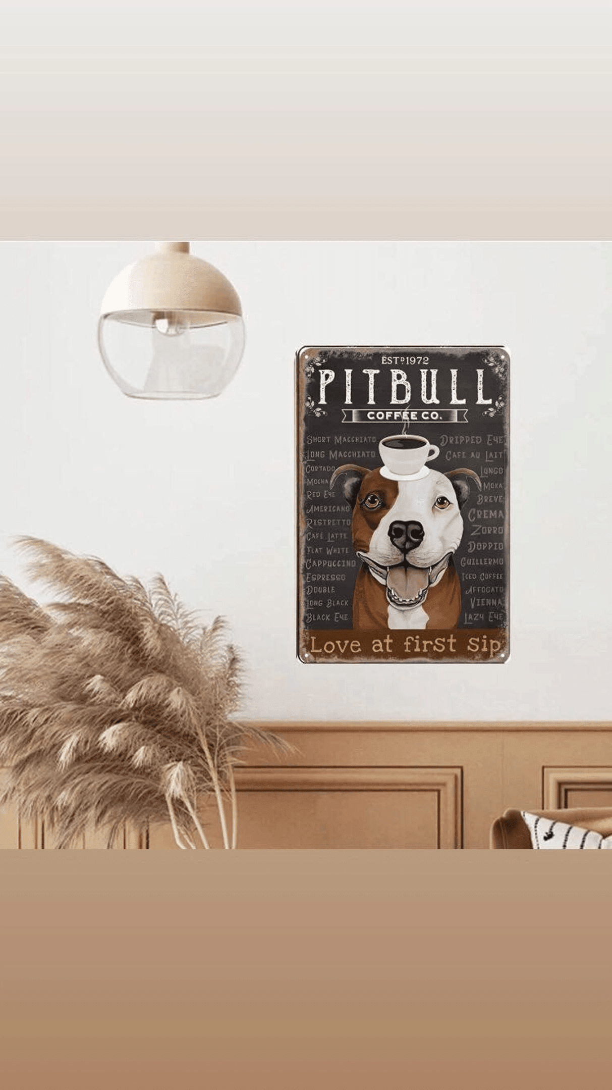 Retro Tin Sign | Pitbull Coffee Co Love at First Sip Est. 1972 Sign | Dog Art Poster Dogs Lovers Vintage Bar Cafe Art Wall Decor  in