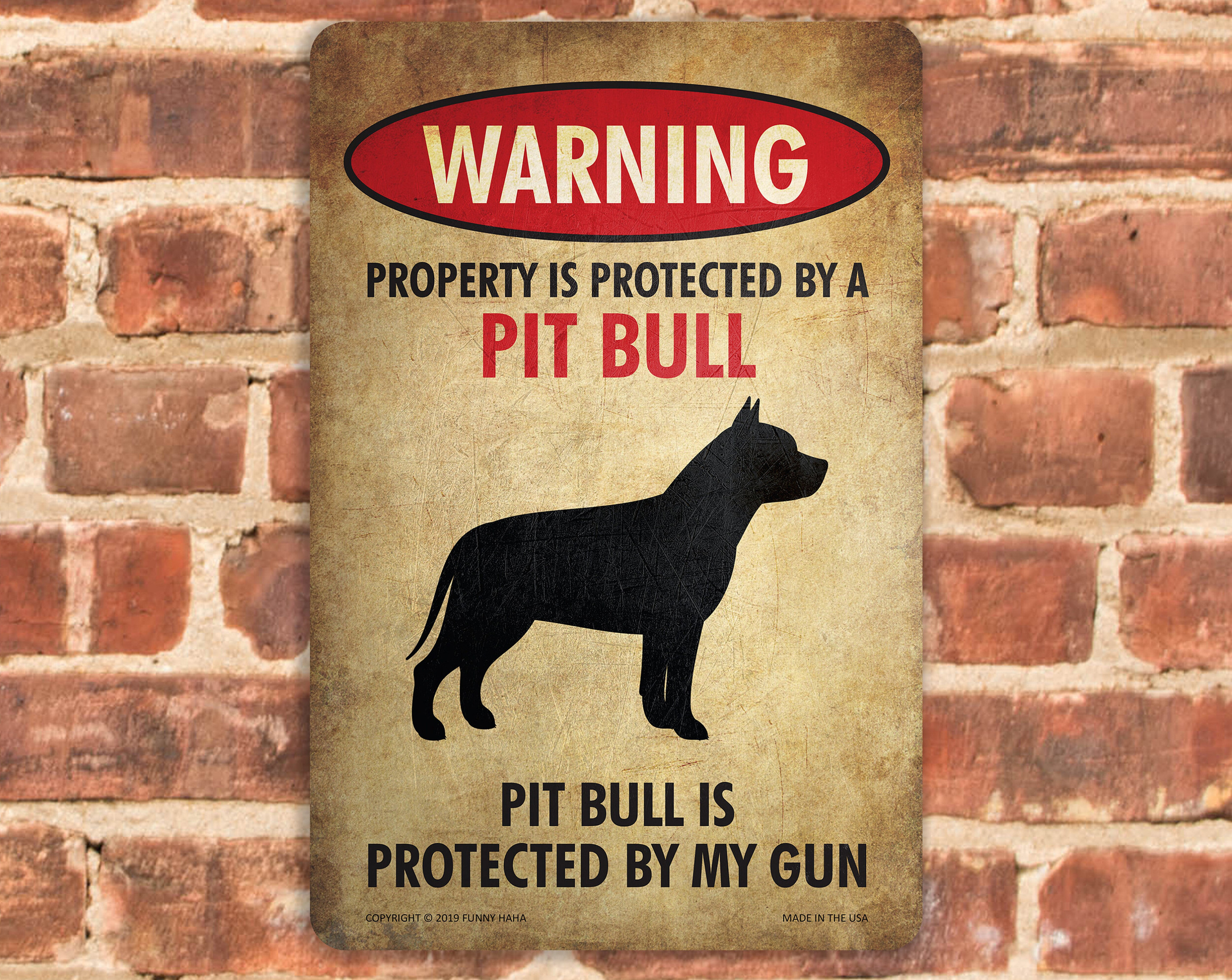 Pit Bull Sign | Funny Beware of Dog Sign | Pit Bull Protected by My Gun | Pit Bull Lovers Gift | Funny Metal Sign