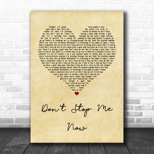 Queen Don't Stop Me Now Vintage Heart Song Lyric Music Wall Art Print Lyrics Poster Wrapped Canvas Frame Gift